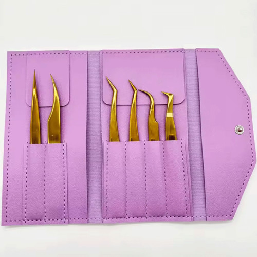 Gold Eyelash Extension Tweezers Set with Leather Case