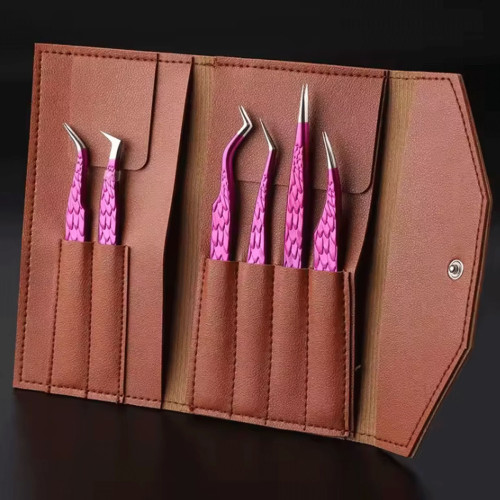6Pcs Eyelash Tweezers Set with Leather Case