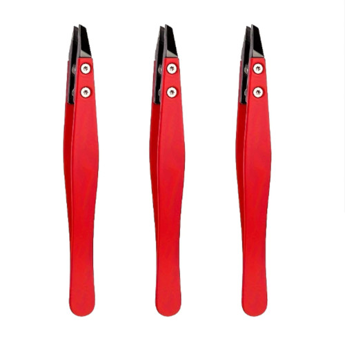Red Slant Tip Eyebrow Tweezers Stainless Steel with Ceramic Tip